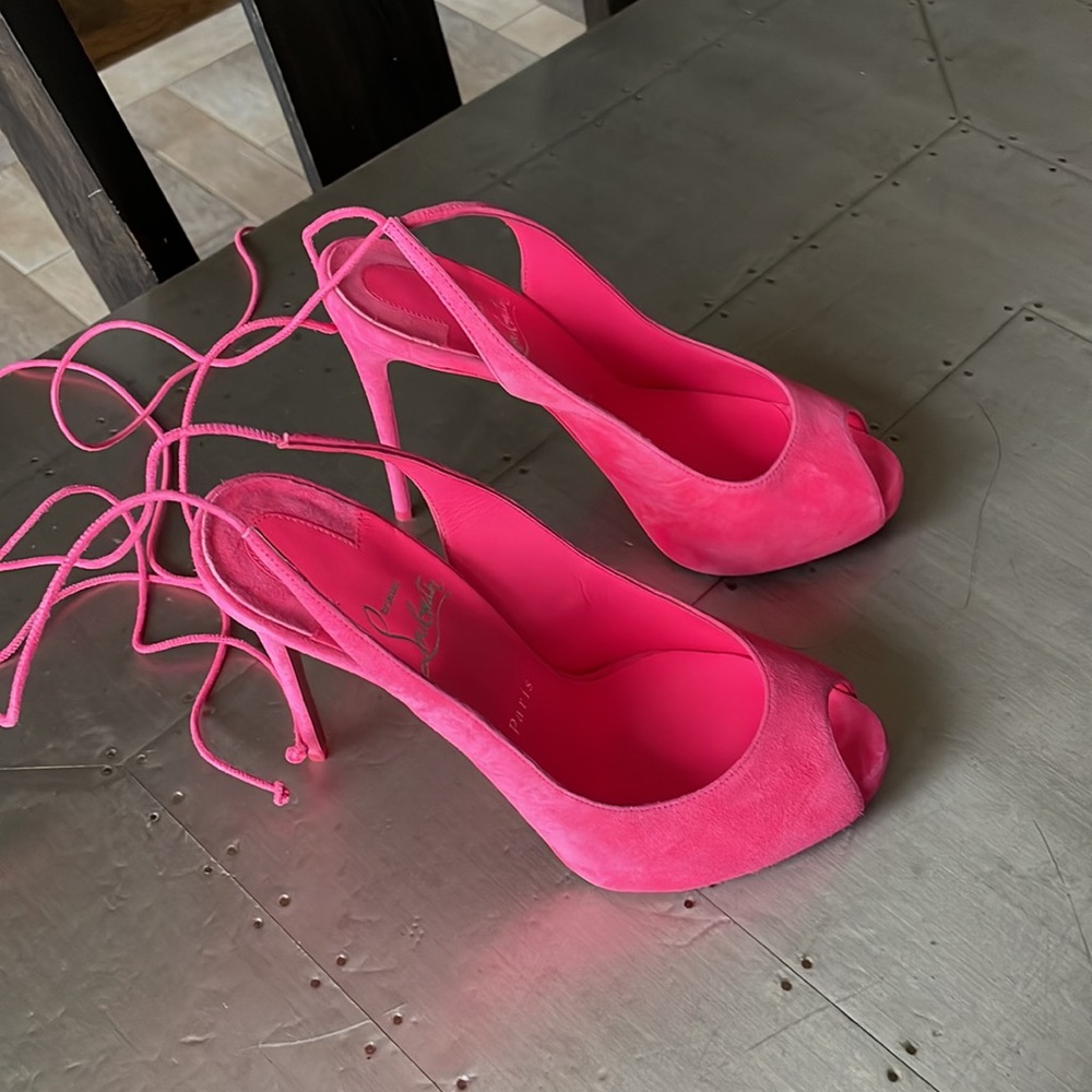 Christian Louboutin lace nvp pink suede platform stiletto sz 38.5 120mm poupidou - Picture 2 of 10